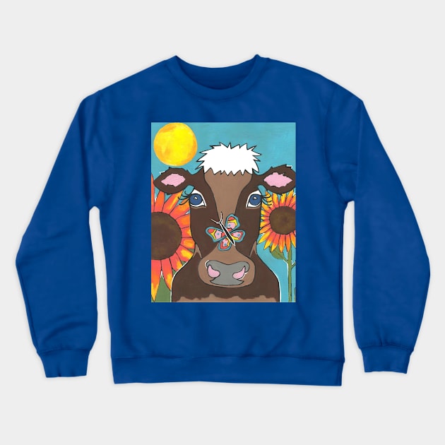 BROWN Cow Lover Acyrlic Painting Crewneck Sweatshirt by SartorisArt1